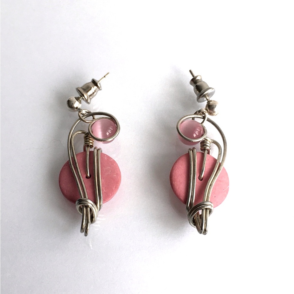 Pink and Silver Wire Wrapped Dangle Earrings